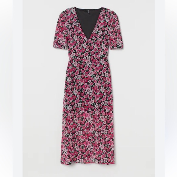 NEW H&M Floral Puff Sleeve V Neck Midi Dress XXS Fall - Picture 1 of 9